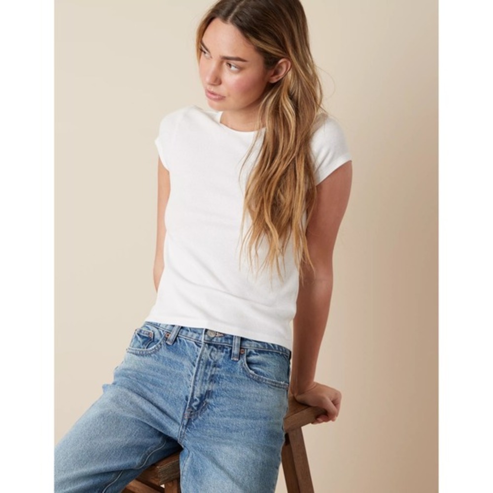 American Eagle Ribbed T-Shirt Layering Tee XL White Stretch Base Layer 90s Y2K - Picture 13 of 14